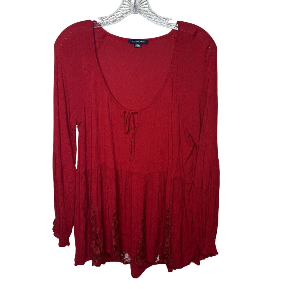 American Eagle Red Boho Peasant Top Large Lace Hem Long Sleeve Tunic Flowy